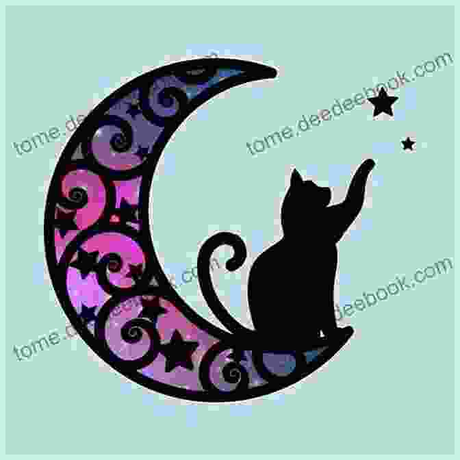 A Cat Sitting On A Crescent Moon Against A Starry Night Sky. Spinning Tails Tom Knisely