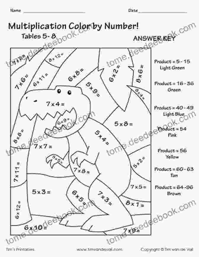 A Colorful Dinosaur Multiplication Flash Card With A T Rex And The Multiplication Problem 5 X 7 = 35 Written On It Dinosaur Multiplication Flash Cards Workbook Fun Facts: 2 (Maths Dinosaur Books)